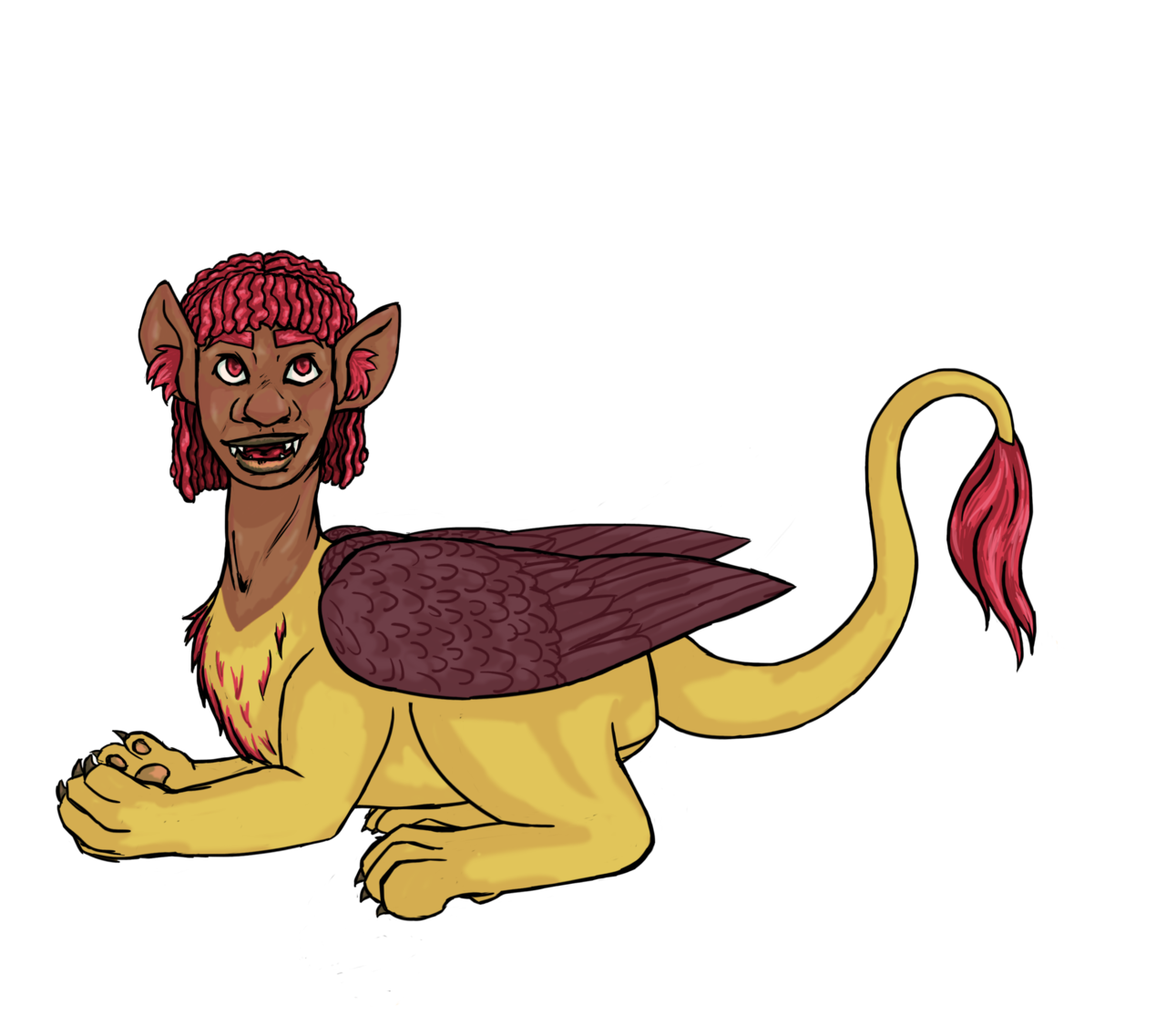 Digital drawing of a sphinx. The human head has medium brown skin and large, pointed ears. Her wings are a dark red-brown, and both her hair and tail tuft are a pinkish-red. She looks up, away from the viewer, and smiles with sharp teeth.